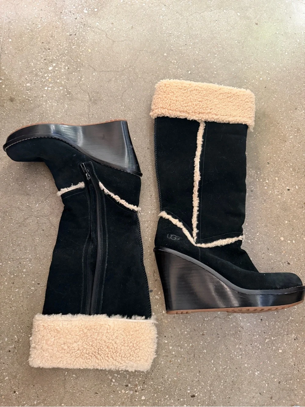 UGG Black Suede Wedge Boots with Cream Shearling Trim